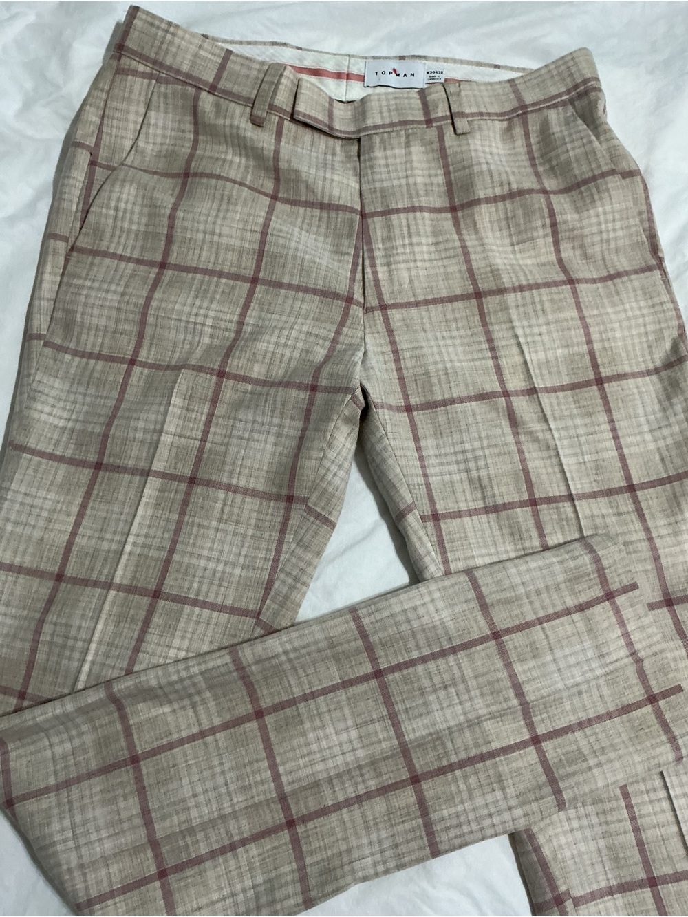 Topman Beige & Pink Windowpane Plaid Slim Fit Dress Pants 30x32